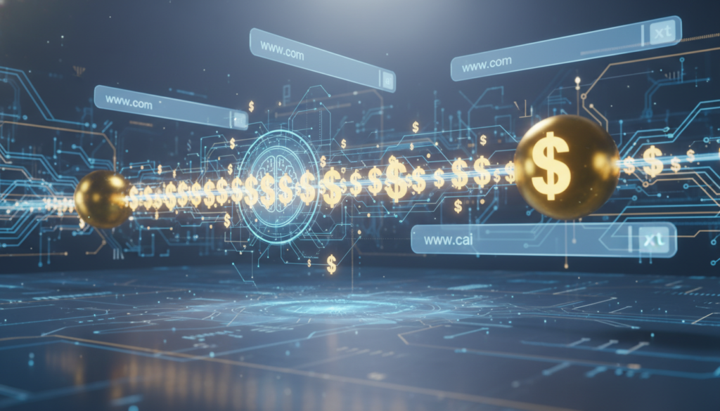 A futuristic and professional digital landscape representing domain flipping and AI technology. High-quality 3D render of glowing dollar symbols transforming from small to large via a sleek neural network interface. A clean, modern aesthetic with cybernetic circuit lines, abstract web address bars floating in the air, blue and gold color palette, cinematic lighting, 8k resolution.