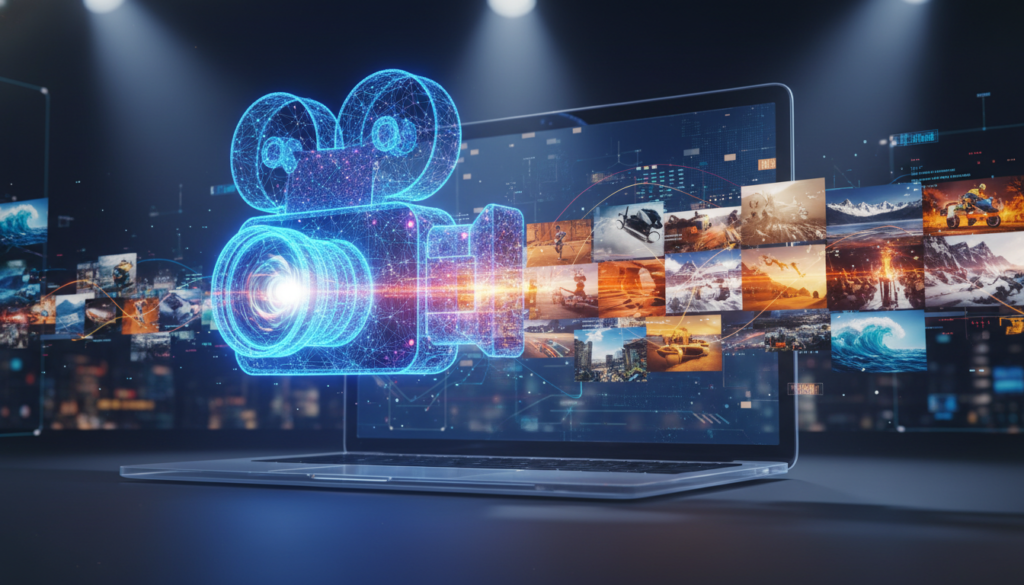 A high-quality 3D digital illustration of a glowing film camera merged with neural network lines. In the background, a collage of dynamic action scenes and beautiful landscapes flowing out of a laptop screen. Cinematic lighting, professional color grading, 8k resolution, futuristic and creative technology vibe.