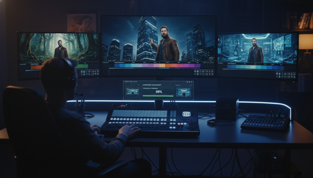 Görsel Promptu
A professional cinematic workspace with high-tech monitors displaying a cohesive movie timeline. The screen shows a consistent character appearing in various story scenes such as a forest, a city, and a futuristic lab. Dramatic lighting, 8k resolution, photorealistic style, film production atmosphere, sleek digital interface showing character consistency tools.