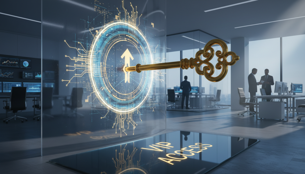 A luxurious gold key unlocking a glowing digital portal in a modern professional business environment, high quality, 3D render, cinematic lighting, corporate blue and gold color palette, representing VIP access and exclusive business growth.