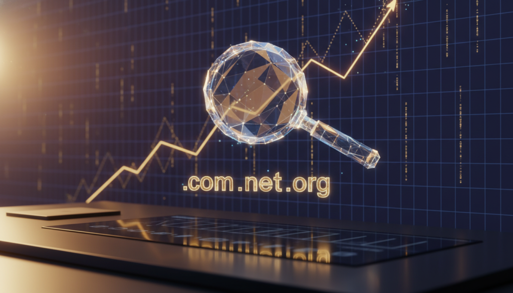 A professional digital workspace with a glowing 3D magnifying glass hovering over floating .com, .net, and .org extensions, futuristic high-tech grid background with subtle financial growth charts, golden light, high resolution, minimalist and corporate aesthetic.