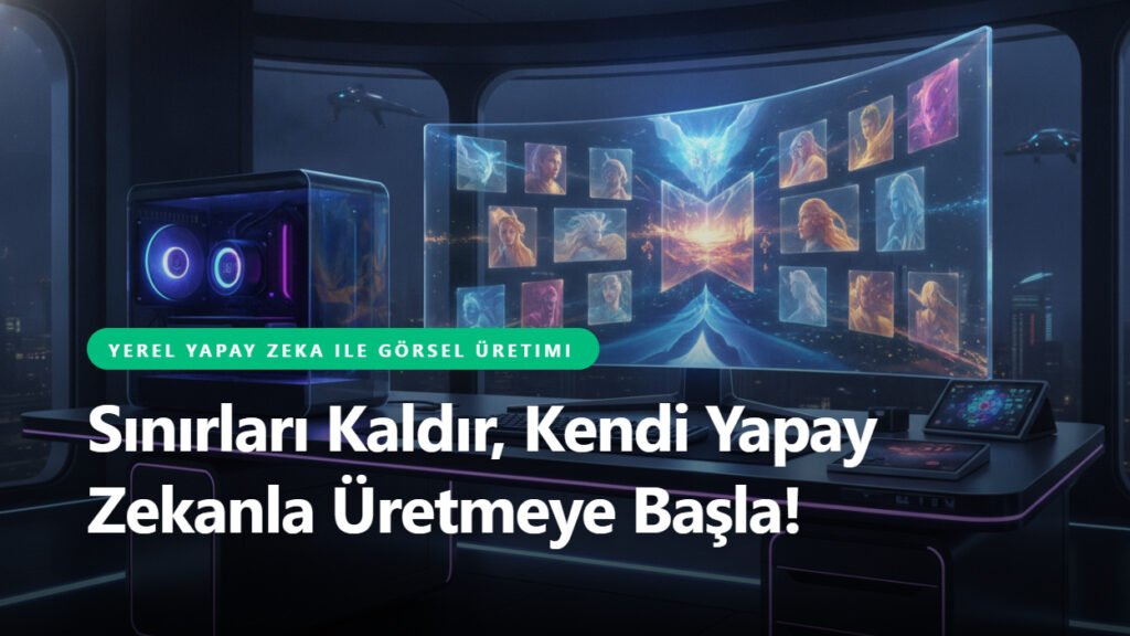 Yerel Yapay Zeka ile Görsel Üretimi "Sınırları Kaldır, Kendi Yapay Zekanla Üretmeye Başla!" Görsel Promptu A high-tech desktop computer with a glowing GPU, artistic portraits and landscapes emerging from the monitor as holographic light, futuristic workstation, 8k resolution, cinematic lighting, professional digital art style.